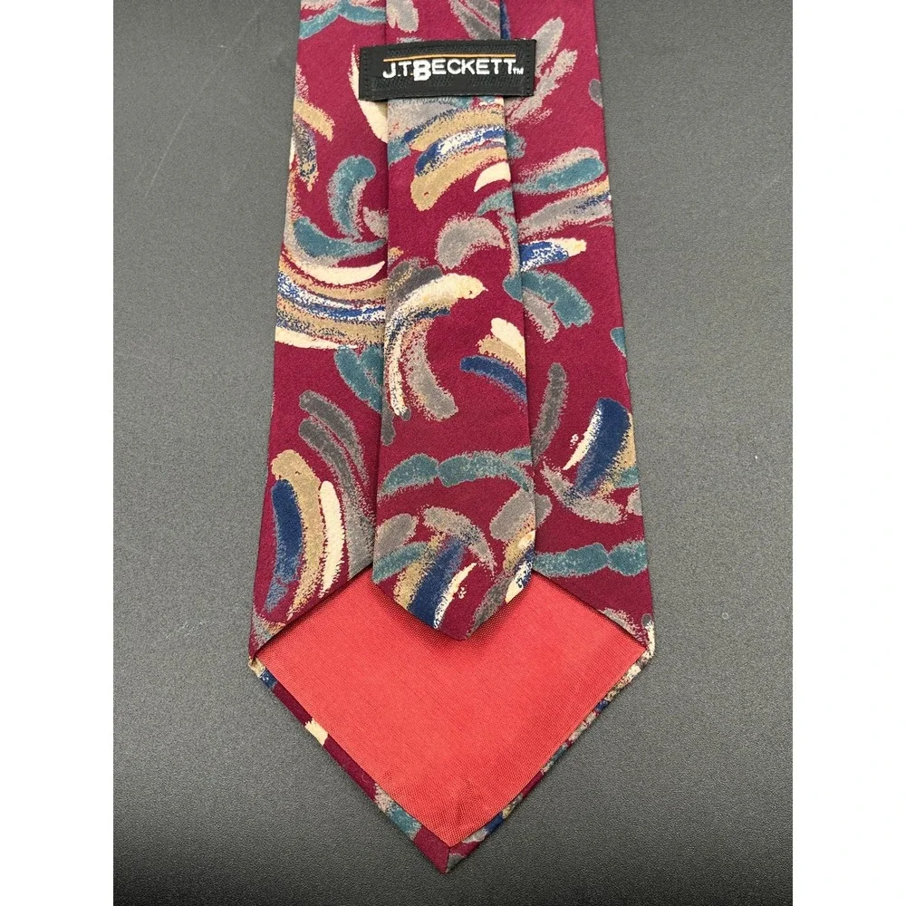 Vtg J.T.‎ Beckett Mens Neck Tie Abstract Swirl Pattern Burgundy Teal Blue